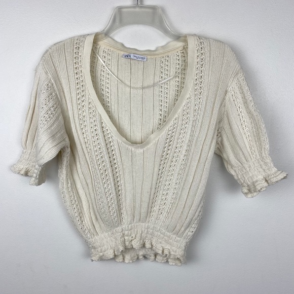 Zara Cream V Neck Crochet Knit Sweater Top M - Picture 2 of 6